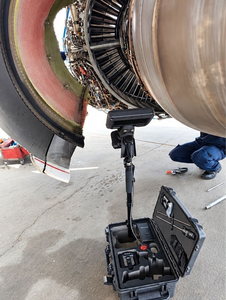 Videoscopio Mitcorp en su soporte junto a un motor CFM56 con el capó abierto